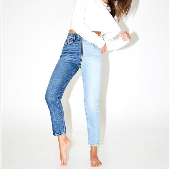 REVICE Jeans Womens 27 Blue Ying Yang Zipper Two Tone Crop Denim High Rise USA - Picture 6 of 12